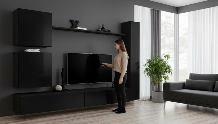 Luxus schwaarz Wunnwand Designer Wandschaf Set 6 Stéck Holzmöbel Wunnzëmmermöbel