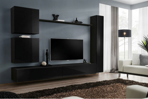 Luxus schwaarz Wunnwand Designer Wandschaf Set 6 Stéck Holzmöbel Wunnzëmmermöbel