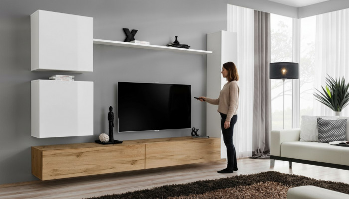 Wäiss Komplett Set Wunnzëmmerméibel Wunnwand Regal Luxus Wandschaf Neit