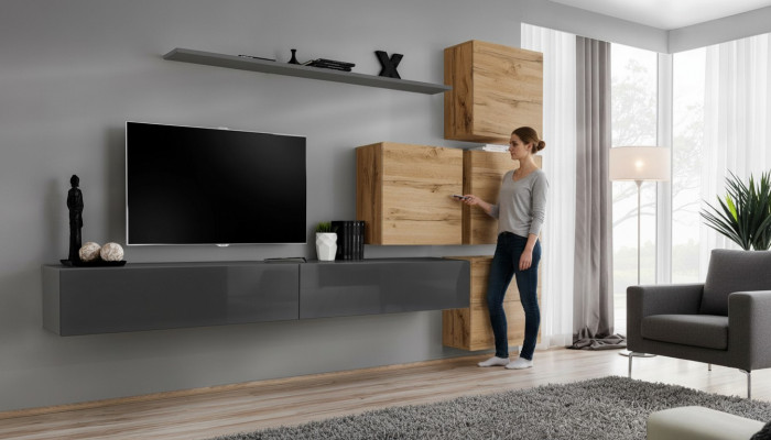 Grau TV Stand Maueregal Luxus Wunnwand Ariichtung Modern Komplett Säitenschaf
