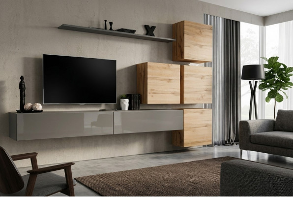 Grau TV Stand Maueregal Luxus Wunnwand Ariichtung Modern Komplett Säitenschaf