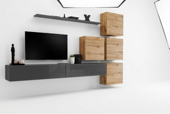 Grau TV Stand Maueregal Luxus Wunnwand Ariichtung Modern Komplett Säitenschaf