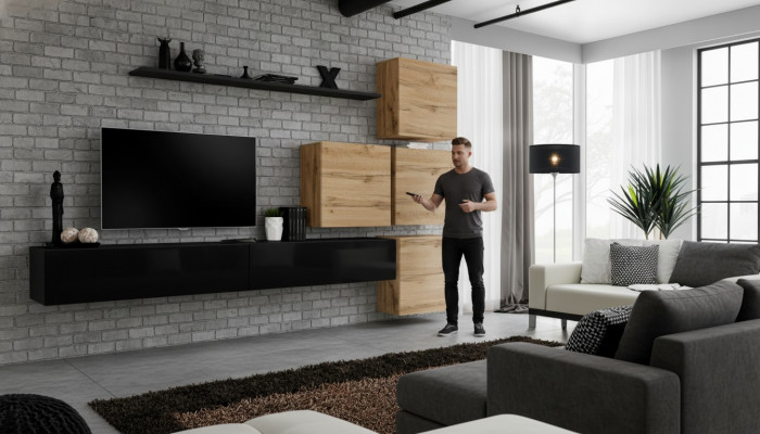 Set 7tlg. Wunnwand Wunnzëmmer TV-Stänner Holz Luxus Garnitur Grupp Wandkapp.