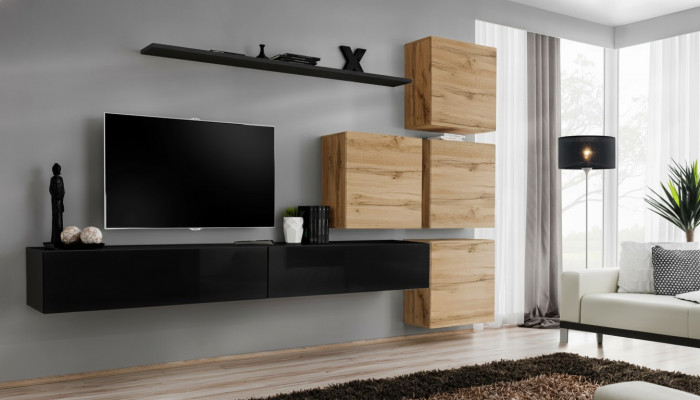 Set 7tlg. Wunnwand Wunnzëmmer TV-Stänner Holz Luxus Garnitur Grupp Wandkapp.