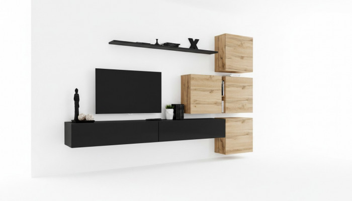 Set 7tlg. Wunnwand Wunnzëmmer TV-Stänner Holz Luxus Garnitur Grupp Wandkapp.
