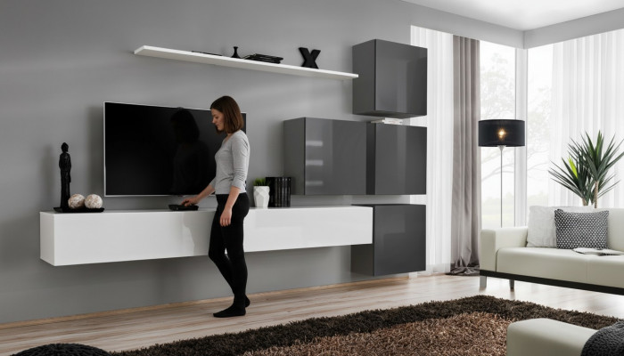 Wäisse TV-Stänner Holz Moobel Garnitur Komplett Wunn-Front Wunnzëmmer Set Modern