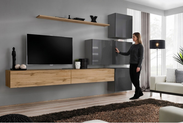 Luxus Holz Garnitur TV-Ständer Holz Wunnzëmmer Wunnwand Wand Regal Design