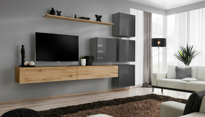 Luxus Holz Garnitur TV-Ständer Holz Wunnzëmmer Wunnwand Wand Regal Design