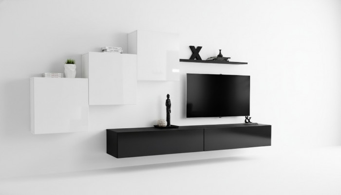 Schwaarz Wunnwand Komplett TV-Ständer Wandregal Luxus Wandschaf Design