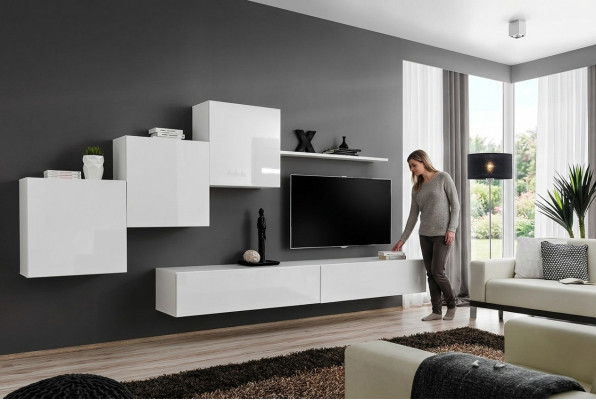 Wäiss Wunnwand TV-Stänner Sideboard Komplett Modern Wunnzëmmer Regaler Holz Nei