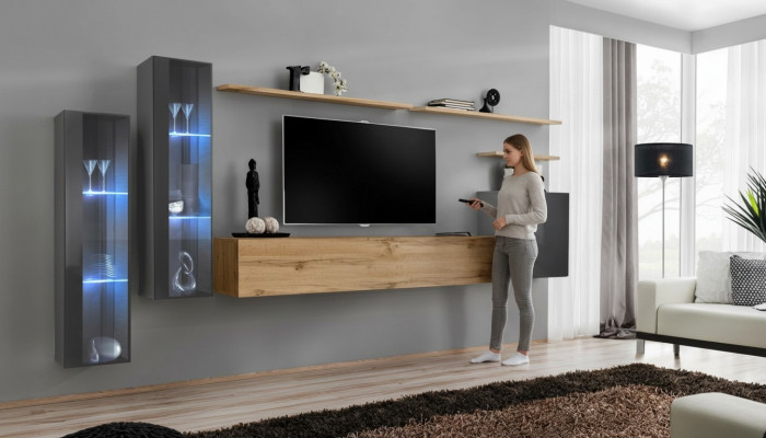 Wunnzëmmer Set Wunnwand Braun Luxus Wandschaf TV-Stänner Komplett Sideboard