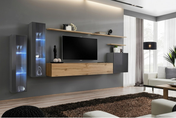 Wunnzëmmer Set Wunnwand Braun Luxus Wandschaf TV-Stänner Komplett Sideboard