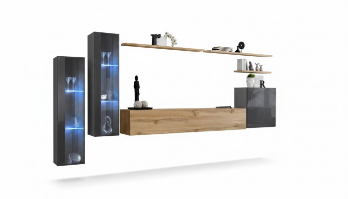 Wunnzëmmer Set Wunnwand Braun Luxus Wandschaf TV-Stänner Komplett Sideboard