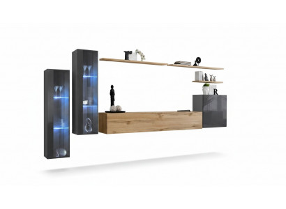 Wunnzëmmer Set Wunnwand Braun Luxus Wandschaf TV-Stänner Komplett Sideboard