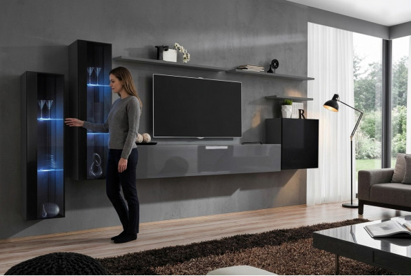 Wunnzëmmer Holz Komplett Gro TV-Stänner Design 3x Wandschränk Luxus Wunnwand