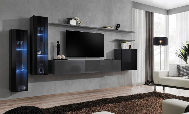 Wunnzëmmer Holz Komplett Gro TV-Stänner Design 3x Wandschränk Luxus Wunnwand