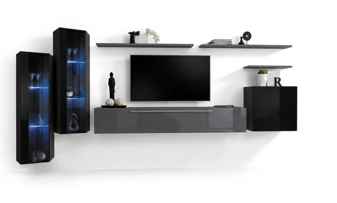 Wunnzëmmer Holz Komplett Gro TV-Stänner Design 3x Wandschränk Luxus Wunnwand