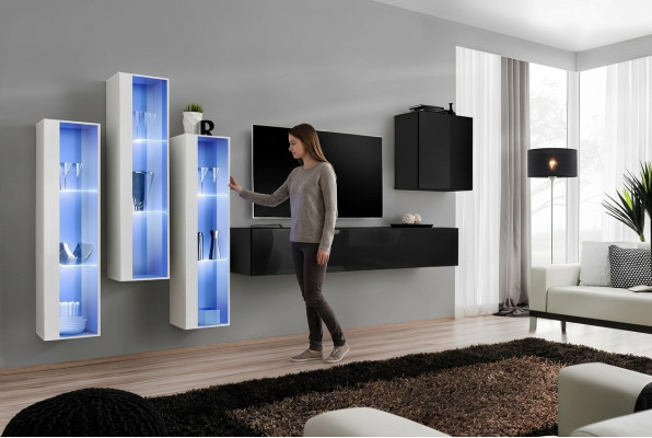 Schwaarzen TV Stand Wunnwand Set 5-tleche Wäandschaf Holzmiwwel Designer Nei