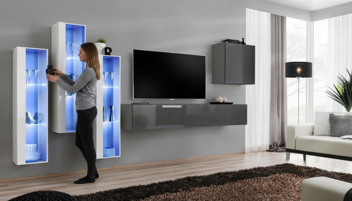 Wunnwand Grau Modern Héichglanz TV Stänner Holzmöbel Ariichtung Garnitur
