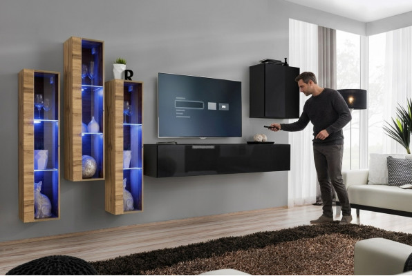 Wunnwand Miwwelen Wunnzëmmer Luxus Héichglanz TV Ständer Schwaarz Holz Komplett Nei