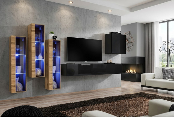 Wunnwand Miwwelen Wunnzëmmer Luxus Héichglanz TV Ständer Schwaarz Holz Komplett Nei
