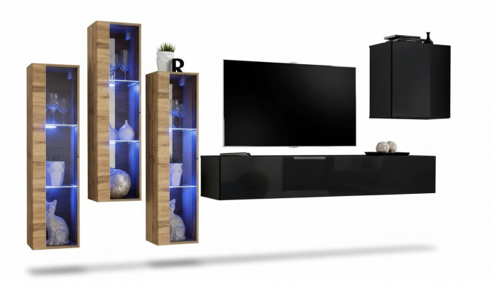 Wunnwand Miwwelen Wunnzëmmer Luxus Héichglanz TV Ständer Schwaarz Holz Komplett Nei