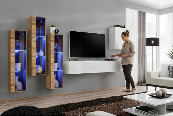 Komplett Set 5tlg Wunngzëmmer Holz Ariichtung Modern Designer Garnitur Héichglanz