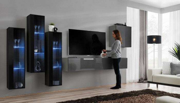 Designer Gro Wohnwand TV Stänner Komplett Héichglanz Sideboard Mauer Schaf