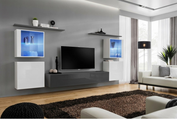 Set 7tlg. Wohnwand Luxus Kommode TV Ständer Lowboard Wand Regaler Schiefewandschaf
