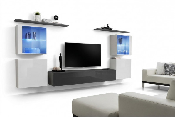 Set 7tlg. Wohnwand Luxus Kommode TV Ständer Lowboard Wand Regaler Schiefewandschaf
