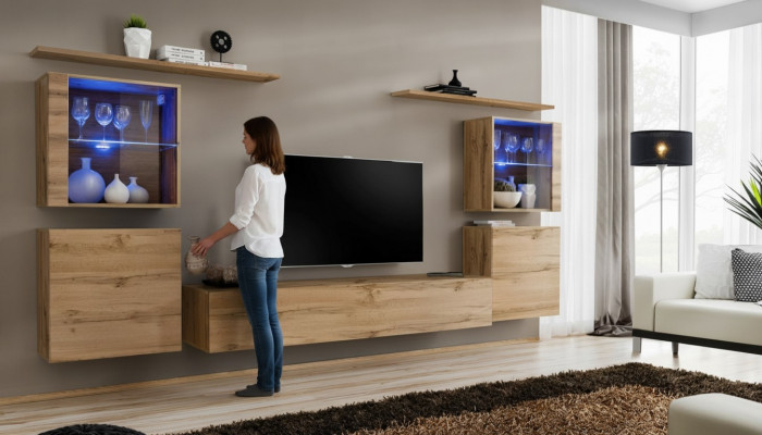Wunnwand Luxus Set 7 Deeler. Wunnzëmmer Mauer Schaf Wandregaler Holz Miwwelen Grupp