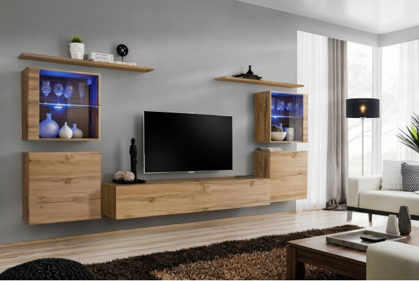 Wunnwand Luxus Set 7 Deeler. Wunnzëmmer Mauer Schaf Wandregaler Holz Miwwelen Grupp