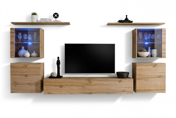 Wunnwand Luxus Set 7 Deeler. Wunnzëmmer Mauer Schaf Wandregaler Holz Miwwelen Grupp