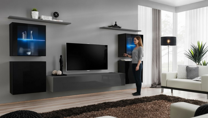 Wunnzimmermiwwelen Set 7 Deeler Designer Luxus Grau Säitboard Wunnwand Nei