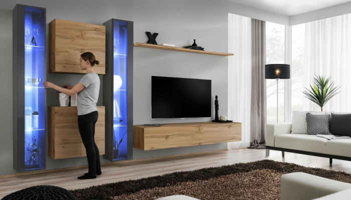 Komplett brong Wohnwand Set hänkend Vitrin Wandschränk Ariichtung Modern Design