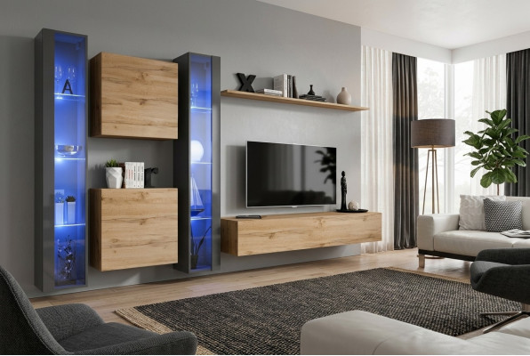 Komplett brong Wohnwand Set hänkend Vitrin Wandschränk Ariichtung Modern Design