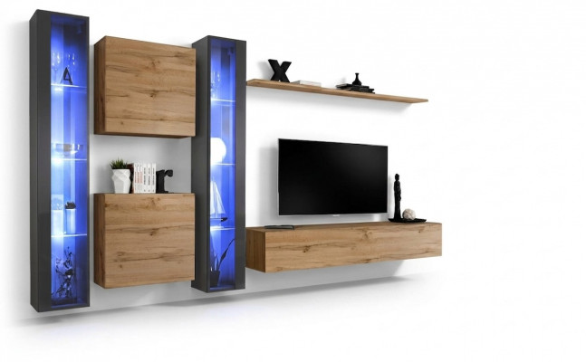 Komplett brong Wohnwand Set hänkend Vitrin Wandschränk Ariichtung Modern Design
