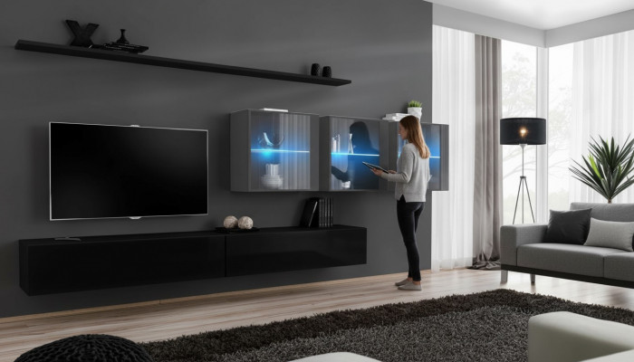 Wunnwand Set 7 Stécker Modern Wunnzëmmersmiwwelen TV-Ständer Design Wandregaler Komplett