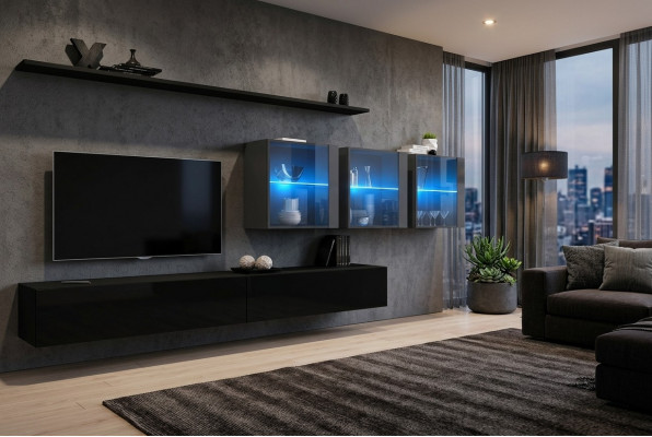 Wunnwand Set 7 Stécker Modern Wunnzëmmersmiwwelen TV-Ständer Design Wandregaler Komplett