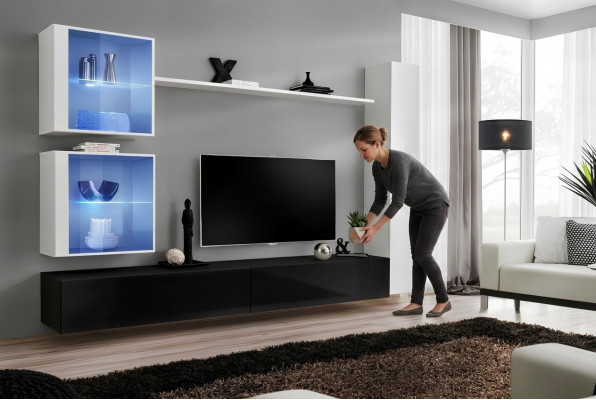 Wunnwand Set Wäiss Wandkabinett Komplett TV-Ständer Wand Regal Wunnzëmmermiwwel