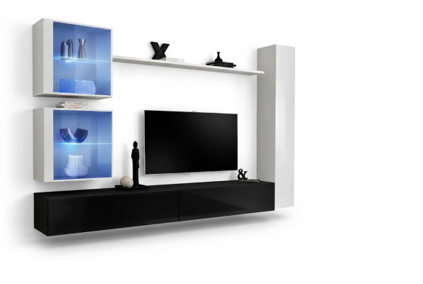 Wunnwand Set Wäiss Wandkabinett Komplett TV-Ständer Wand Regal Wunnzëmmermiwwel