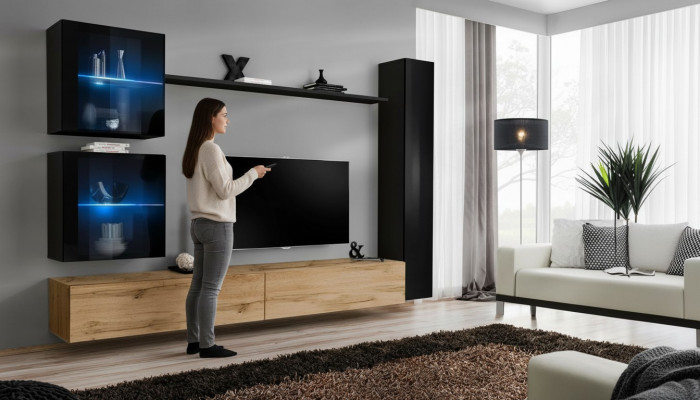 Luxus Schwaarz 3x Wand Schaf Wohnwand TV Stänner Modern Design Set 6 Deeler Nei