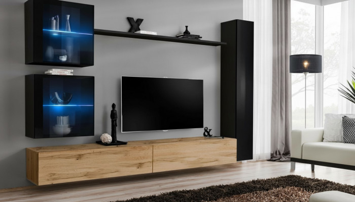 Luxus Schwaarz 3x Wand Schaf Wohnwand TV Stänner Modern Design Set 6 Deeler Nei