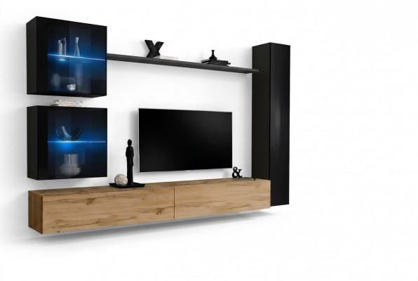 Luxus Schwaarz 3x Wand Schaf Wohnwand TV Stänner Modern Design Set 6 Deeler Nei