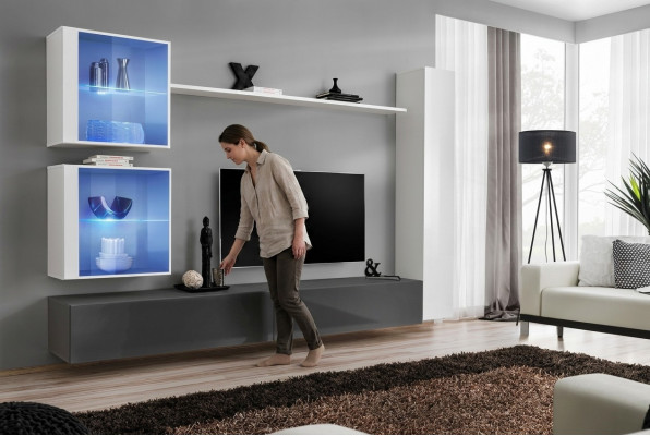 Wäiss Wunnwand Wunnzëmmer Set TV-Ständer Designer Miwwelen Wand Schaf Säitestéck
