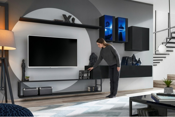 Designer Wunnwand Schwarz Modern Luxus TV-Ständer Holzmiwwelen Ariichtung Garnitur