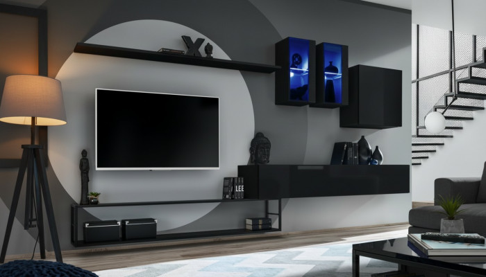Designer Wunnwand Schwarz Modern Luxus TV-Ständer Holzmiwwelen Ariichtung Garnitur