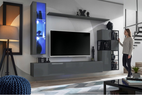 Designer gro Wohnwand hängende Vitrinn TV-Stänner komplett héichglanz Sideboard