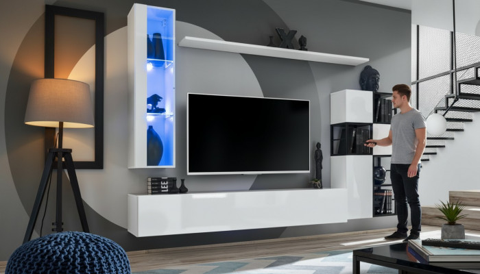 Hänkevitrinn wäiss Wunnwand Designer TV Stänner Komplett 9 Deeler Holzmiwwelen Regaler