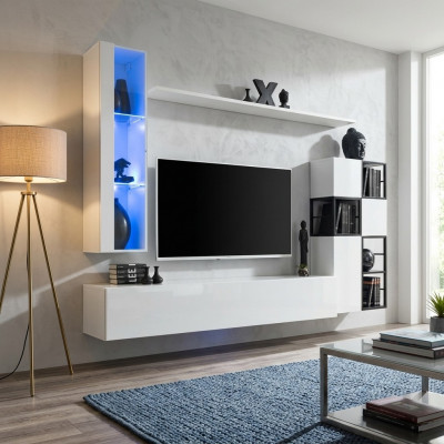 Hänkevitrinn wäiss Wunnwand Designer TV Stänner Komplett 9 Deeler Holzmiwwelen Regaler
